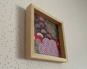 Wall frame with Japanese fabric, Lilac and pink flowers, 14x14cm
