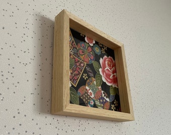 Wall frame with Japanese fabric, Flowers and bubbles on black, 14x14cm