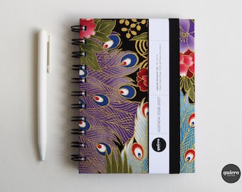 A6 2026-2027 Diary / Japanese Fabric "Peacock and Flowers (Gold)" / 10x15cm / Back to School / Ideal for Handbag