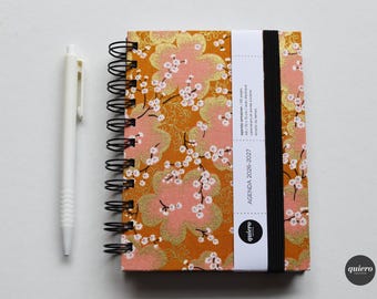 A6 2026-2027 Diary / Japanese Fabric "Cherry Blossom on Orange" / 10x15cm / Back to School / Ideal for your handbag