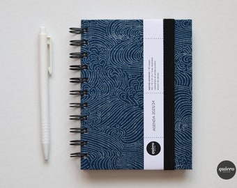 Agenda A6 2024 / Japonais - Vagues Pointillées , Bleu et Blanc / 10x15cm / Rentrée / Sac à main