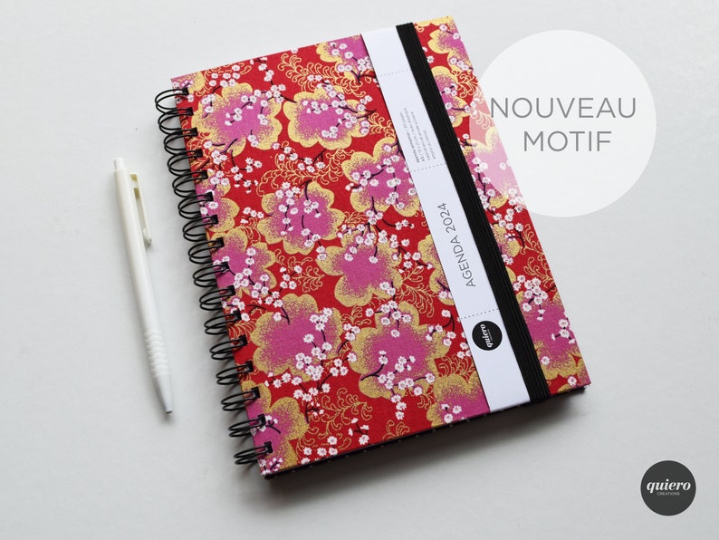 A5 2024 Agenda / Japanese Cherry on Red / 15x21cm / Back to school France / Office / NEW PATTERN image 1