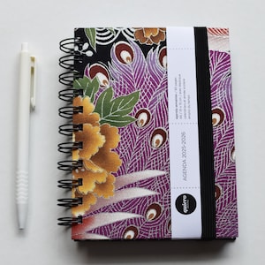 A6 Diary 2025-2026 / Japanese Fabric &quot;Peacock and Flowers (Silver)(2)&quot; / 10x15cm / for Back to School / Ideal for your handbag