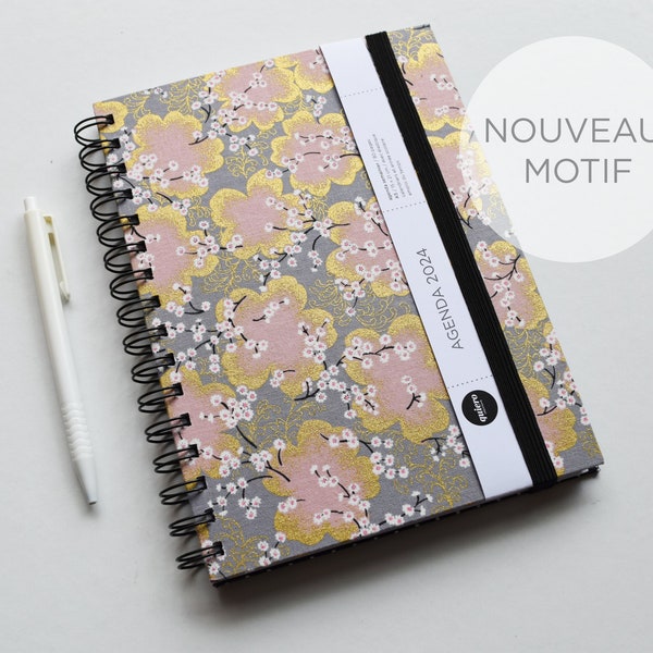 Agenda A5 2024 / Japonais - Cerisier sur Gris / 15x21cm / Rentrée France / Bureau / NOUVEAU MOTIF