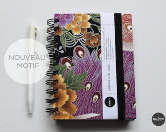 Agenda A6 2024 / Japonais - Paon et fleurs (argent) / 10x15cm / Rentrée / pratique pour le Sac à main