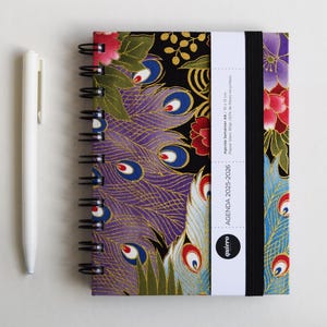 A6 Diary 2025-2026 / Japanese Fabric &quot;Peacock and Flowers (Gold)&quot; / 10x15cm / for Back to School / Ideal for your handbag