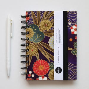 A6 Diary 2025-2026 / Japanese Fabric &quot;Flowers on Purple&quot; / 10x15cm / for Back to School / Ideal for your handbag