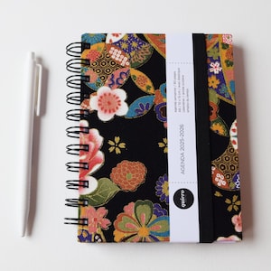A6 Diary 2025-2026 / Japanese Fabric &quot;Bubbles and Flowers on Black&quot; / 10x15cm / for Back to School / Ideal for your handbag
