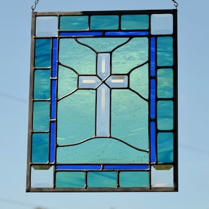 Religious Stained Glass Panel Christian Cross Panel Mint and Blue-green Stained Glass Beveled Cross Hanging Panel.  &quot;In the Beginning&quot;