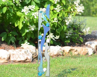 Beach Stained Glass Art Outdoor Garden Decorating Idea or Lake House Stained Glass Garden Stake Lawn Garden Decoration.  "Beachcomber"