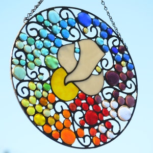 Religious Stained Glass Panel Christian Stained Glass Art Round Religious Glass Art Religious Stained Glass Art, &quot;Dove with Rainbow&quot;