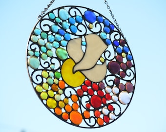Religious Stained Glass Panel Christian Stained Glass Art Round Religious Glass Art Religious Stained Glass Art, &quot;Dove with Rainbow&quot;