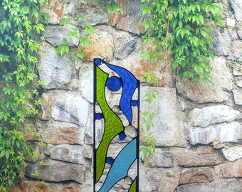 Modern Stained Glass Garden Sculpture, Stained Glass Yard Art - 'Creekside'