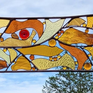 Metal and Glass Window Panel Abstract Stained Glass Panel with Brazilian Agates Glass Wall Art Panel for Home Decor.  "Autumn Sings"