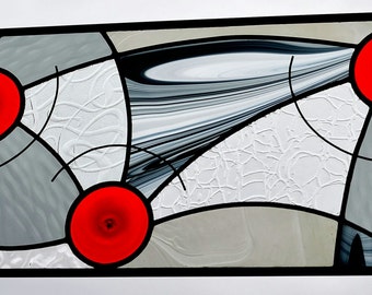 Contemporary Abstract Stained Glass Window Panel Custom Leaded Stained Glass Panel.  "Orbits"