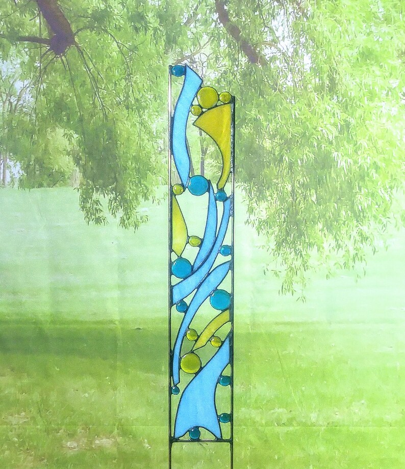 Stained Glass Garden Ornament Blue and Yellow Yard Art Etsy