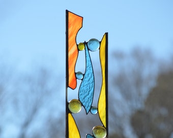 Stained Glass Garden Sculptures Handcrafted Stained Glass Lawn Art for Outdoor Garden Decoration Glass Yard Stake  "Early Morn"