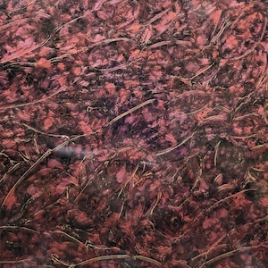 May include: Abstract painting with a textured surface. The artwork features a blend of deep red, burgundy, and hints of purple hues. Brushstrokes create a layered effect, with visible texture and depth. The overall aesthetic is artistic and expressive.