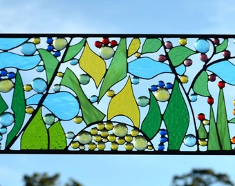 Contemporary Stained Glass Window Design from Windsong Glass Studio and Abstract Stained Glass Wall Art for Flower Lovers  &quot;Garden Paradise&quot;