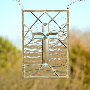 Cross Stained Glass Window - Gothic Arch Stained Glass Cross  - Windsong Glass Studio