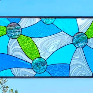 Large Stained Glass Window Panel Design Hanging Glass Panel Contemporary Abstract Stained Glass Panel for Home Decor.  &quot;Spring Cartwheels&quot;