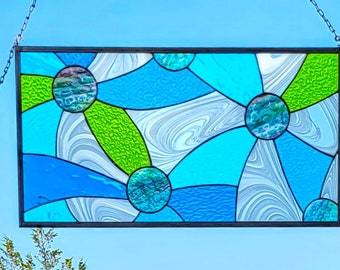 Large Stained Glass Window Panel Design Hanging Glass Panel Contemporary Abstract Stained Glass Panel for Home Decor.  "Spring Cartwheels"