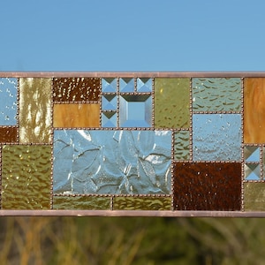 Geometric Stained Glass Panel Hanging Glass Art Panel is Interior Home Decorating Idea in Earth Tones and Clear Textures.  &quot;Autumn Beauty&quot;