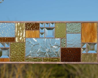 Geometric Stained Glass Panel Hanging Glass Art Panel is Interior Home Decorating Idea in Earth Tones and Clear Textures.  &quot;Autumn Beauty&quot;