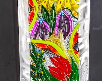 Metal and Glass Wall Art  Fused Glass Wall Art Panel Hanging Fused Glass Wall Art Fused Glass Wall Decor.  "Exotic Flowers"