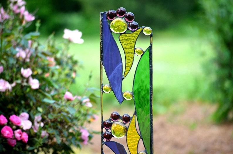 Stained Glass Garden Art, Purple and Yellow Abstract Wildflowers - 'Fanciful Flowers' 