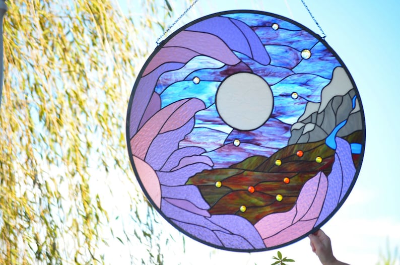 custom large round tiffany stained glass panel in purples, blues, greens, grey