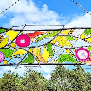 Metal and Glass Panel Unique Modern Wall Art Stained Glass Panel Hanging Stained Glass Window Art in Vibrant Colors.  &quot;Carnivale&quot;