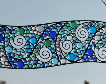 Custom Stained Glass Transom Lake House Stained Glass or Beach House Stained Glass Art for Interior Home Decorating Idea.  "Waves-B"