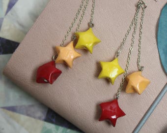 Hanging Trio Red, Orange & Yellow Star Earrings Origami