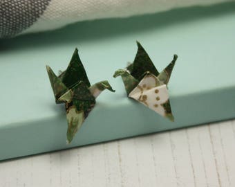 Crane Earrings Origami Green Foliage