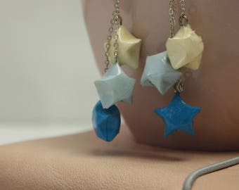 Hanging Trio Blue & White Star Stud Earrings Origami