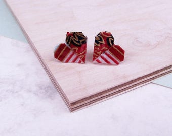 Heart Stud Earrings Origami Geometric Pink and Red Patchwork