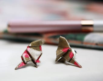 Bird Earrings Origami Pink and Kraft Polka Dot