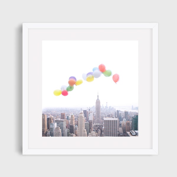 Balloons Over New York Wall Art, New York Nursery Art, Whimsical NYC Skyline Photography, Balloon Art Print, Square Art