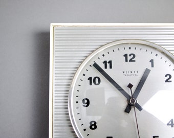 Vintage clock, East Germany, Weimar kitchen clock, Mid Century wall clock, German 60s, atomic age, silver clock office clock
