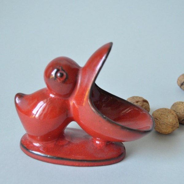 Vintage German modernist Pan pottery bird container ashtray tray fat lava 70s Mid Century modern utensil bright orange red entertaining