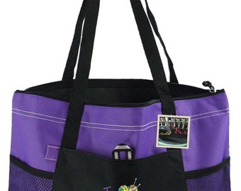 I Love Knitting Embroidery on Bag Personalized Monogram Crafting Custom Heart Yarn Ball Craft Zipper Tote