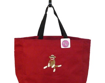 Sock Monkey Embroidery on Bag Personalized Monogram Bag with Zipper or without Tote