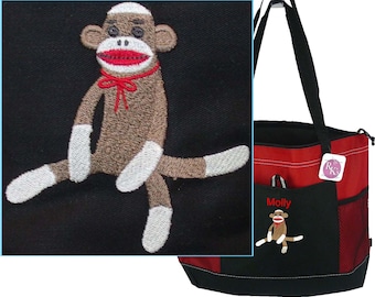 Sock Monkey Embroidered on Bag Personalized Zipper Tote Custom Stuffed Animal Plush Monogram