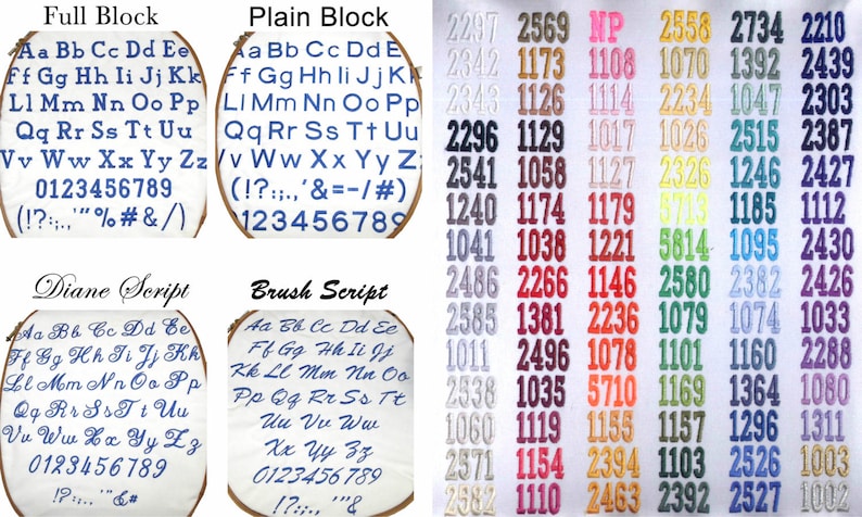 May include: A white background with four different font styles displayed in blue. The font styles are labeled "Full Block", "Plain Block", "Diane Script", and "Brush Script". Each font style includes the alphabet, numbers, and punctuation marks.