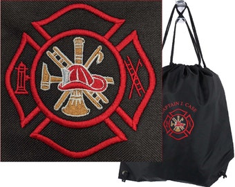 Maltese Cross Firefighter Monogram on Backpack Personalized Cinch Bag Fireman Firewoman Station Drawstring