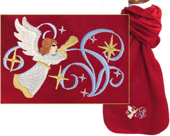 Angel Trumpeting Warm Fleece Scarf Monogram Custom Embroidered + Free Name Religious Holiday Il_570xn
