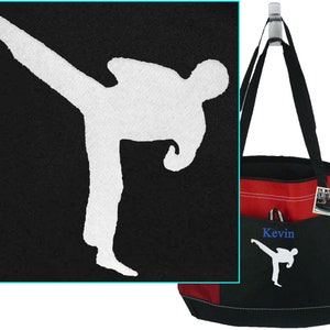 May include: Red and black tote bag with a white karate silhouette and the name "Kevin" embroidered in blue. The bag has black handles and a side pocket. A close-up shows a white karate figure on a black background.
