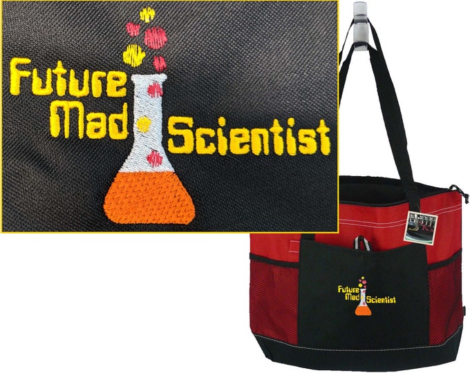 Future Mad Scientist Monogram on Bag Gemline Select Zippered Tote + Free Personalization Name Science Lab Gift Custom Embroidered