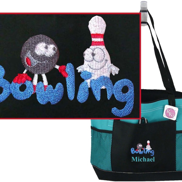 Fun Bowling Pin & Ball Gemline Select Zippered Tote Bag Monogram Custom Embroidered + Free Name Tournament Gift